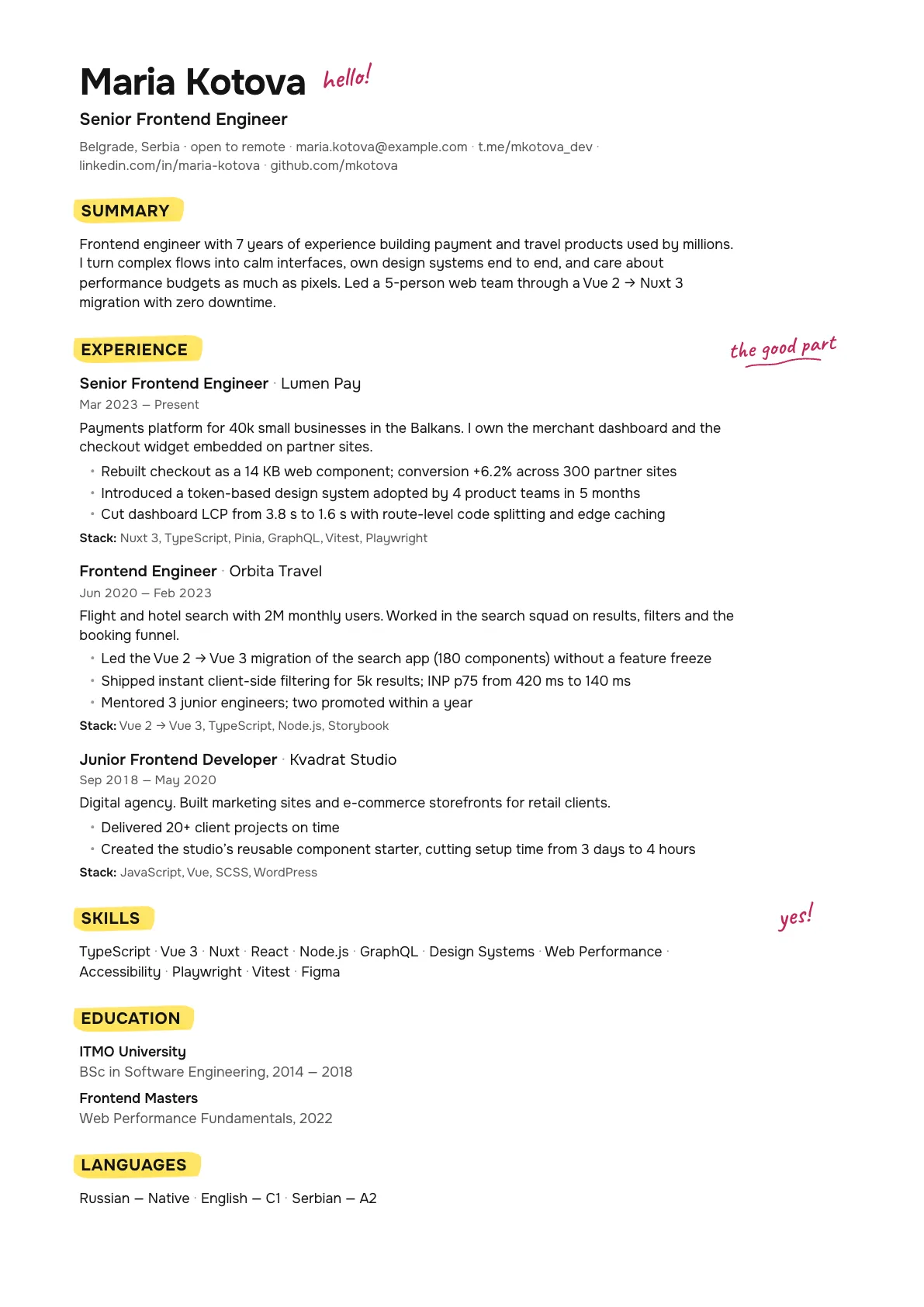 Sample CV in the Angle 2 template