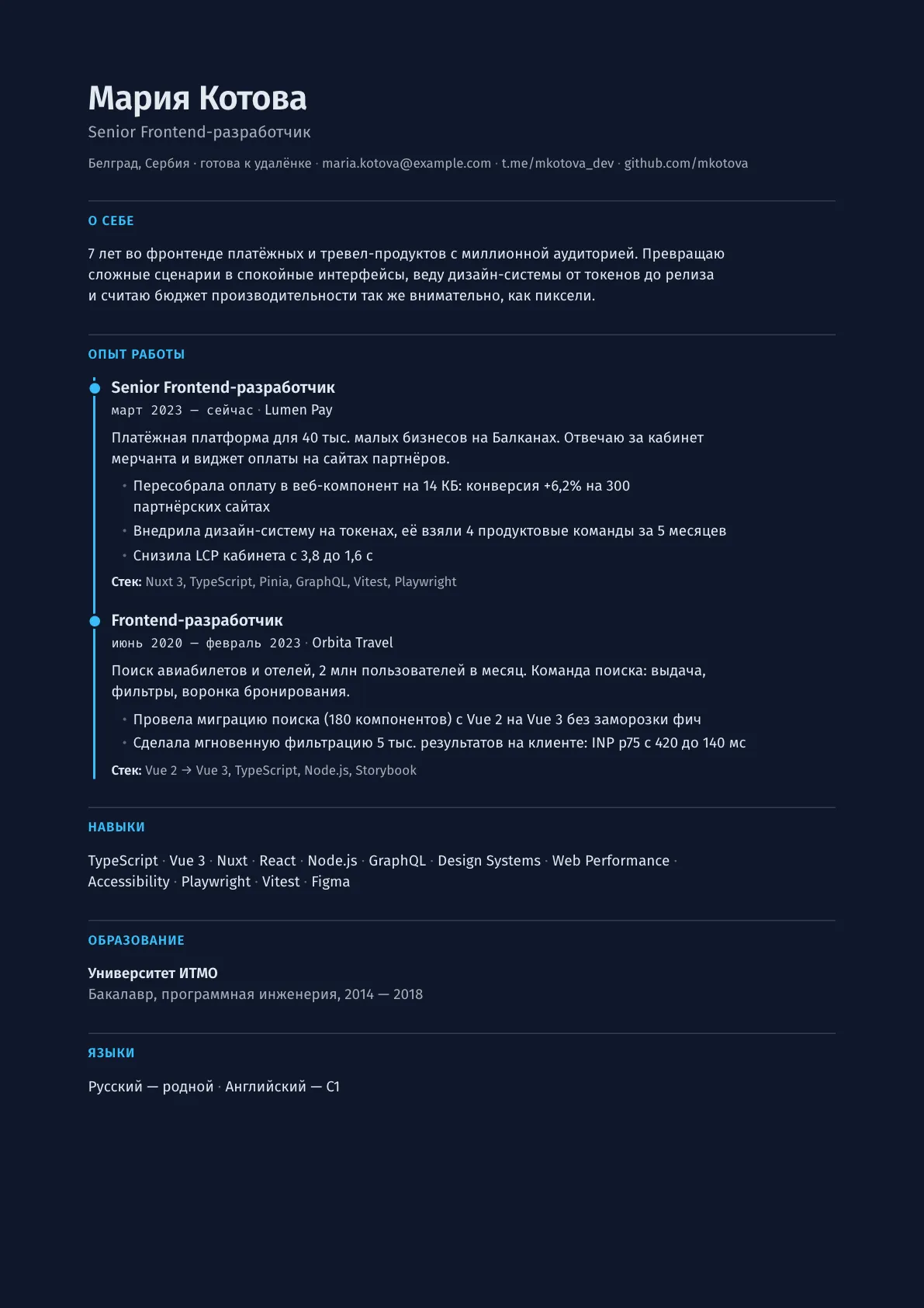 Пример резюме в шаблоне Changelog