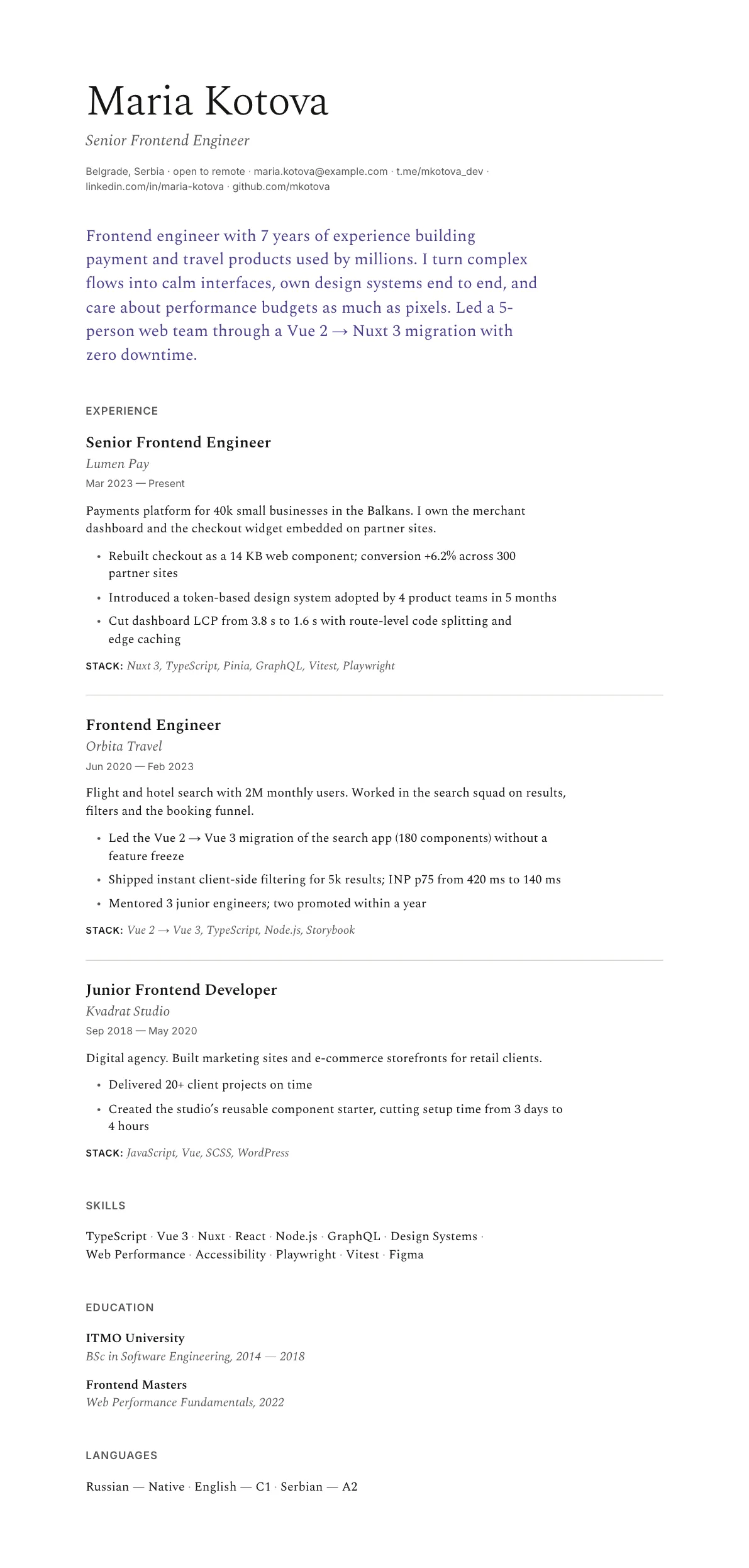 Sample CV in the Essay 2 template
