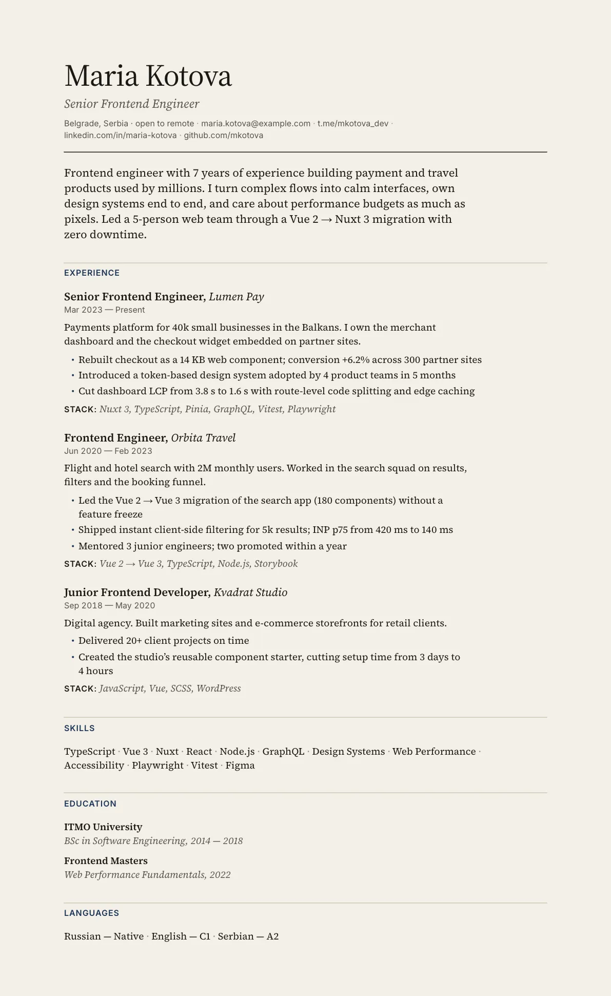 Sample CV in the Folio template
