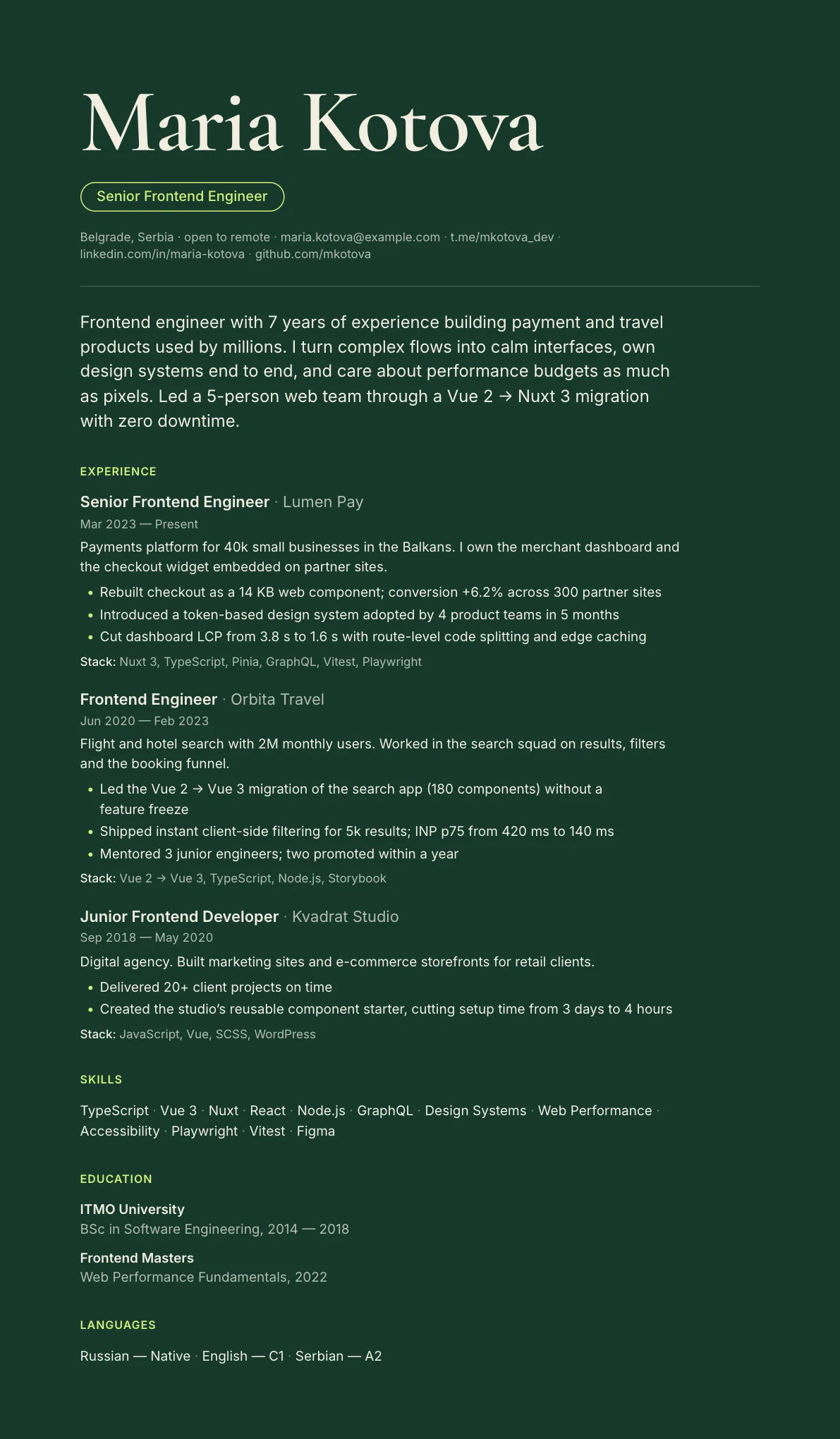Sample CV in the Forest template