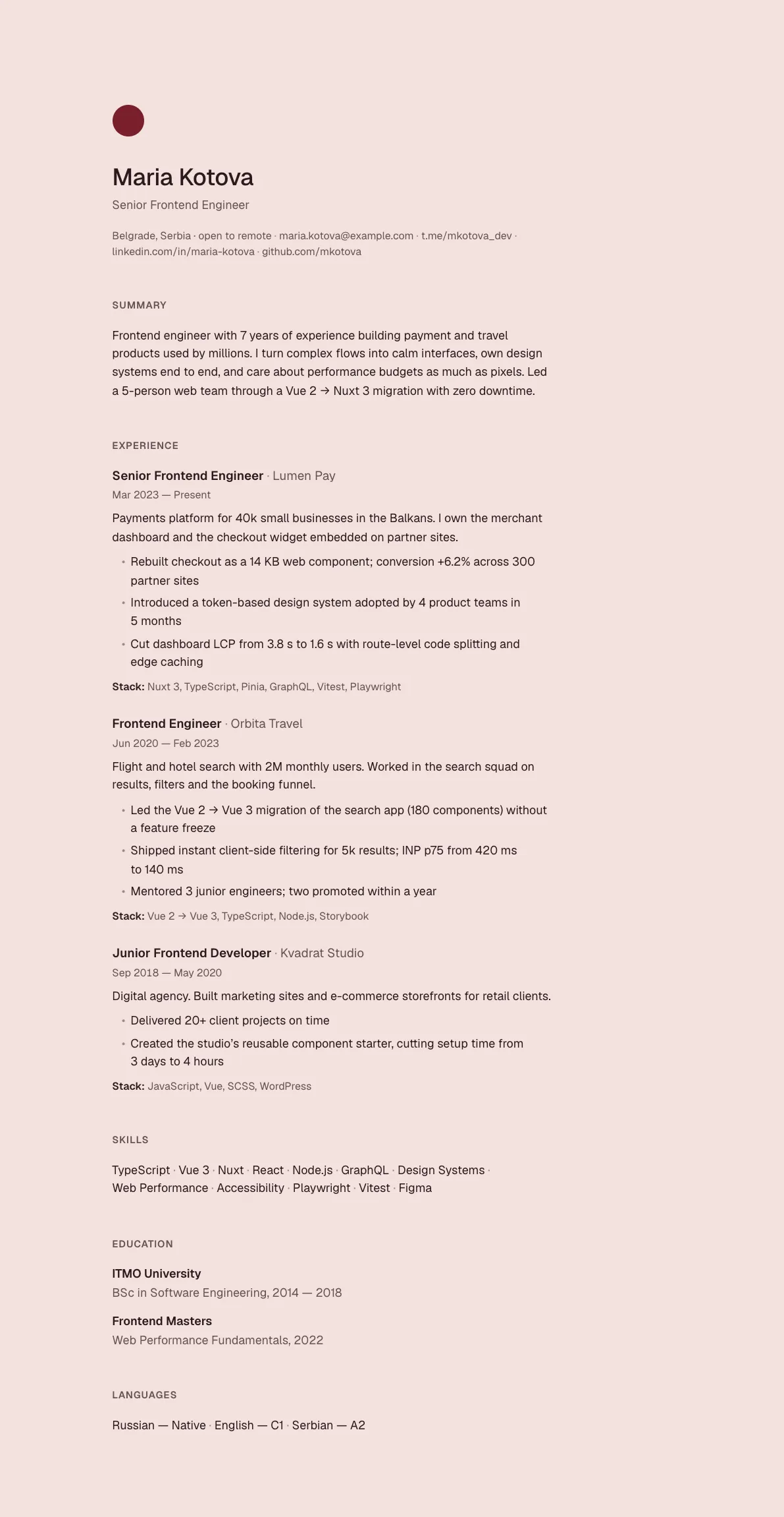 Sample CV in the Ma template