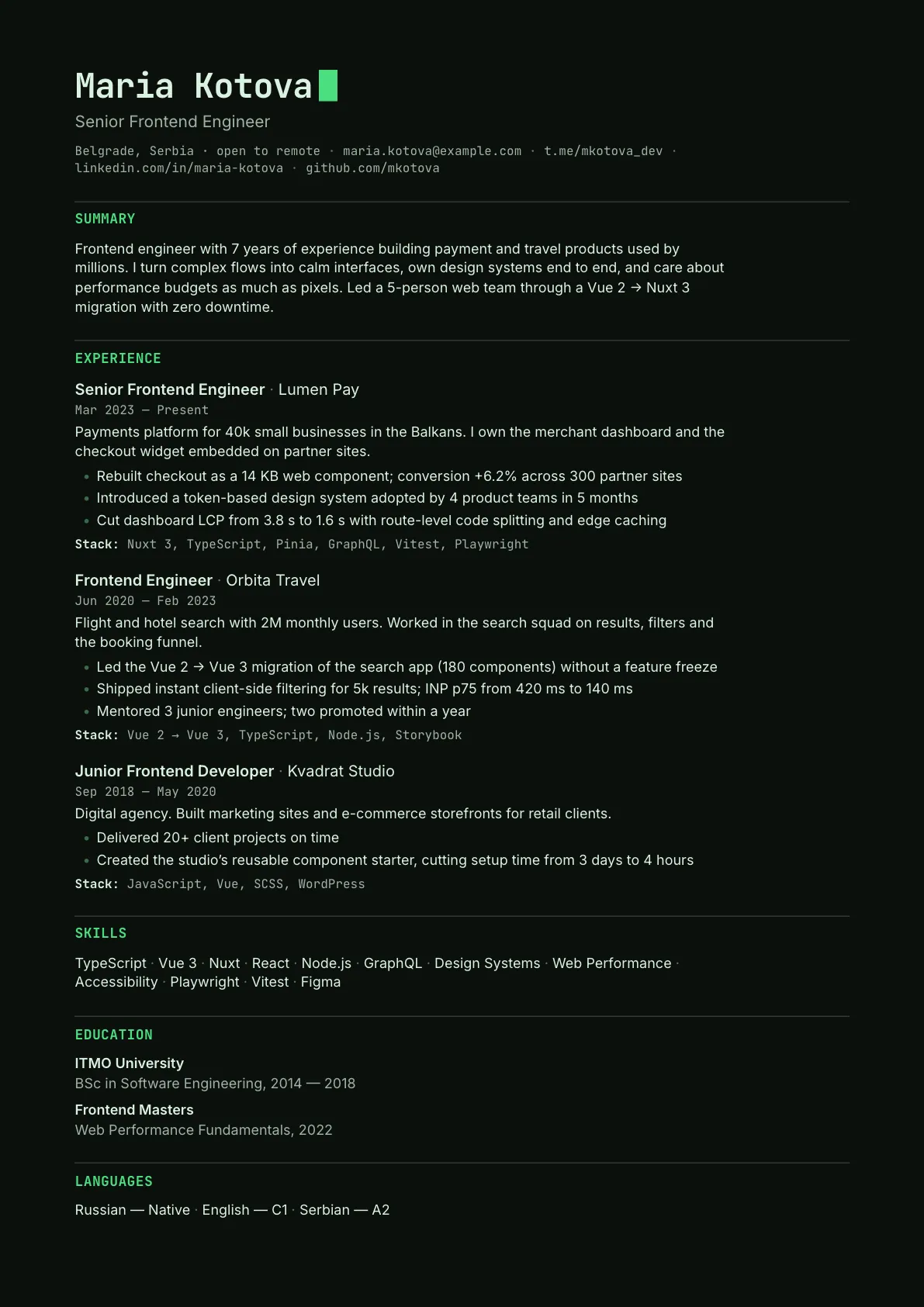 Sample CV in the Terminal template